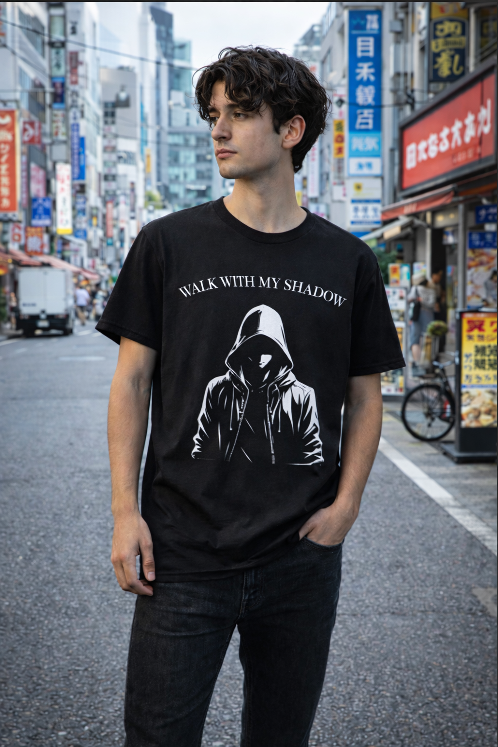 T-shirt noir graphique – WALK WITH MY SHADOW