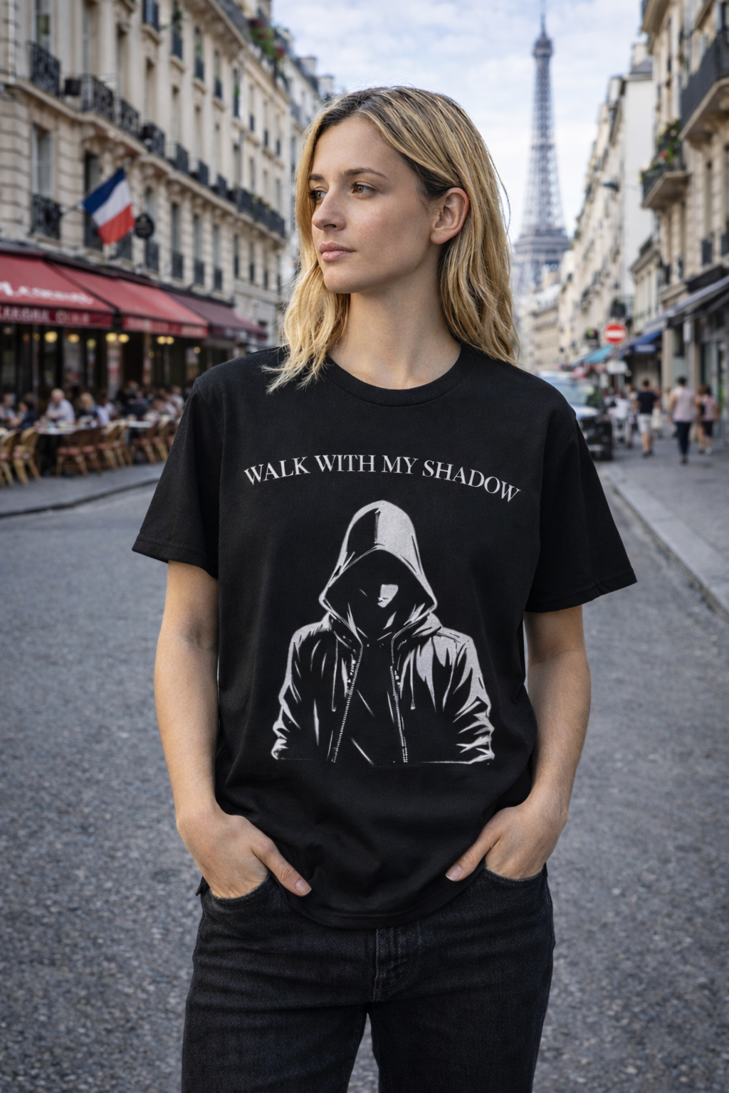 T-shirt noir graphique – WALK WITH MY SHADOW